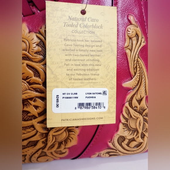 NWT Patricia Nash Lyon Tooled Leather Satchel, crossbody strap, Fuchsia Multi - Picture 4 of 10